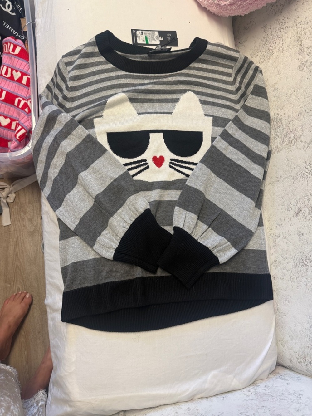 Karl Lagerfeld Grey & Black Striped Cat Sweater with Red Heart Nose